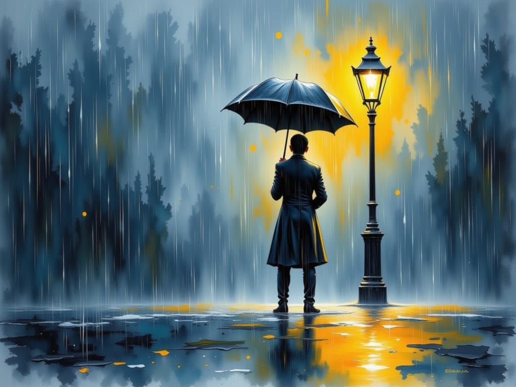 Melancholy Figure in Rainy Cityscape as Watercolor Painting