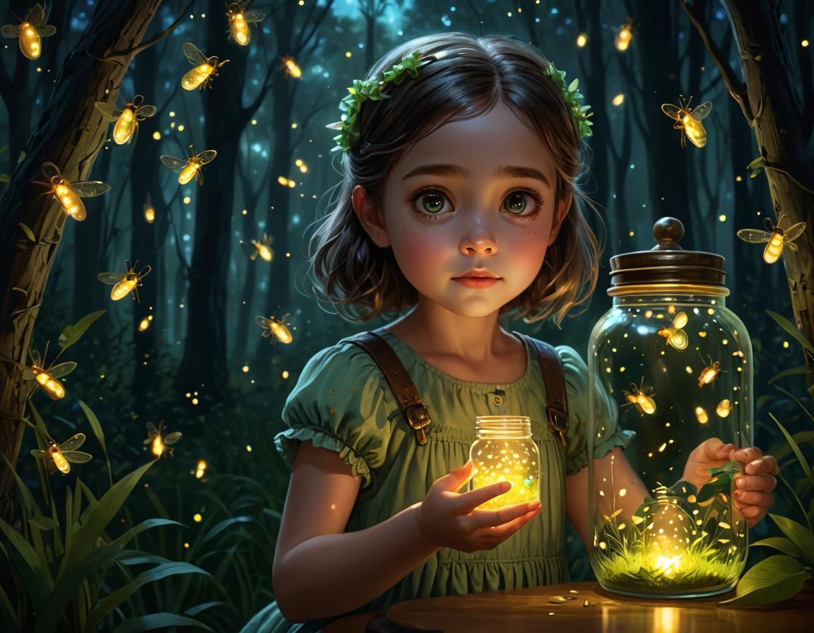 Girl Gazing at Fireflies Jar: Fantasy Portrait