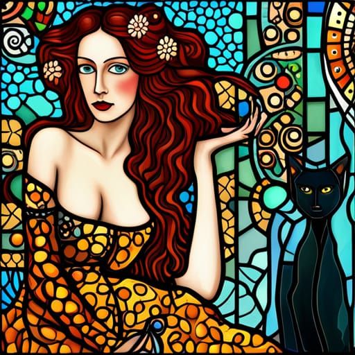 Woman and Cat Stained Glass in Cubist Art Deco Style