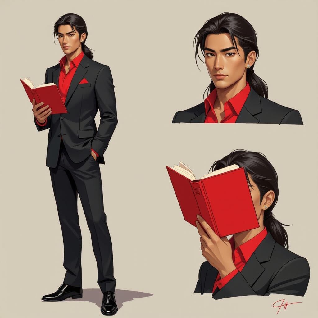 Asian Man in Black Suit Holding Red Book