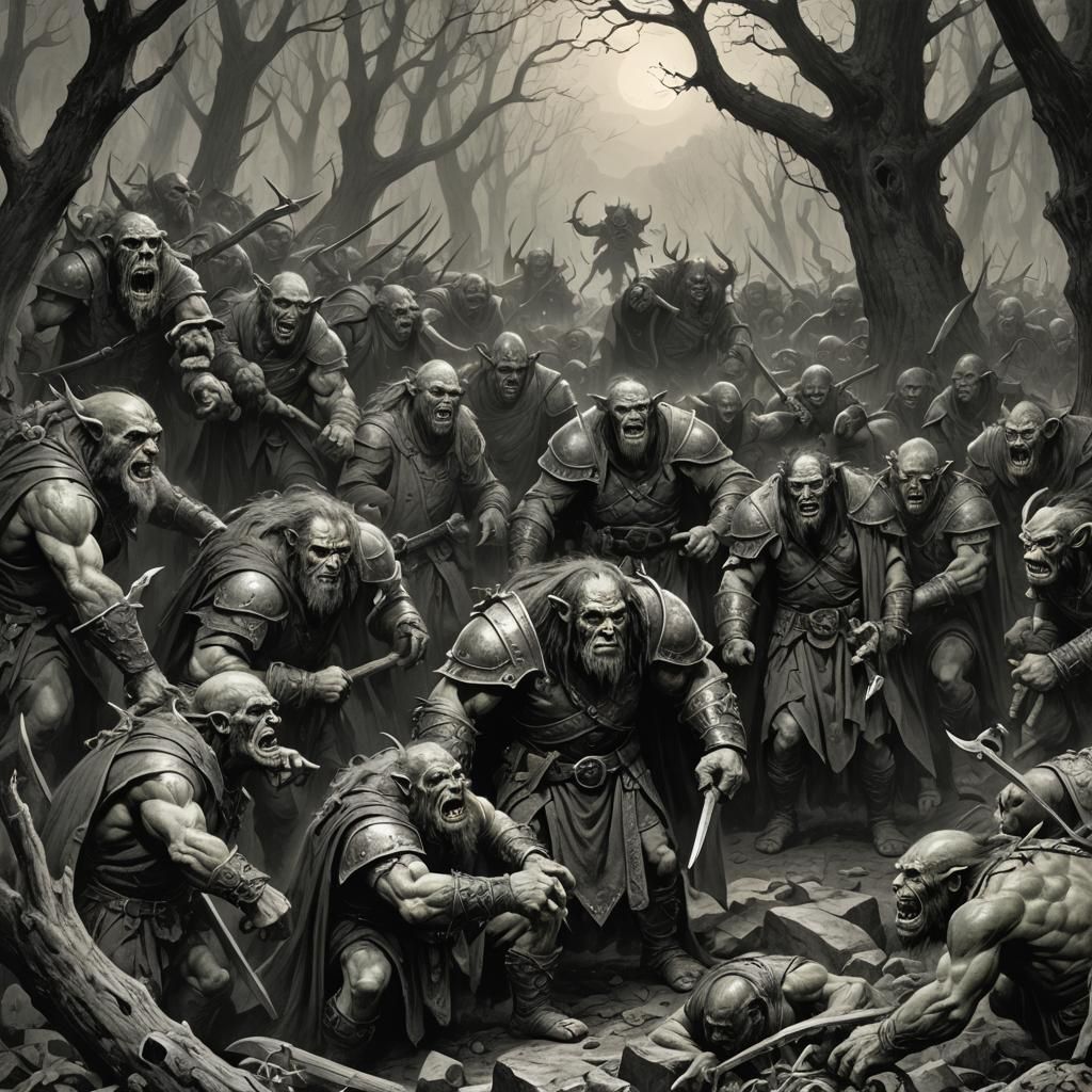 Druid Forbids Orcs: Horror Scene in Engraving Style