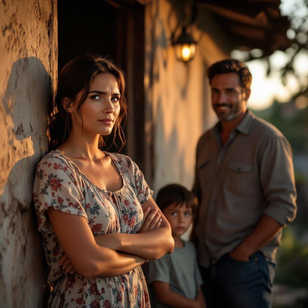 Woman Listens to Man Near Modest Home in Golden Hour Light