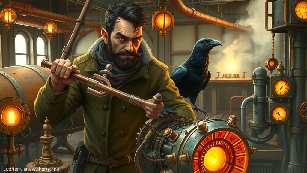 Gritty Steampunk Inventor Hammers Brass Engine