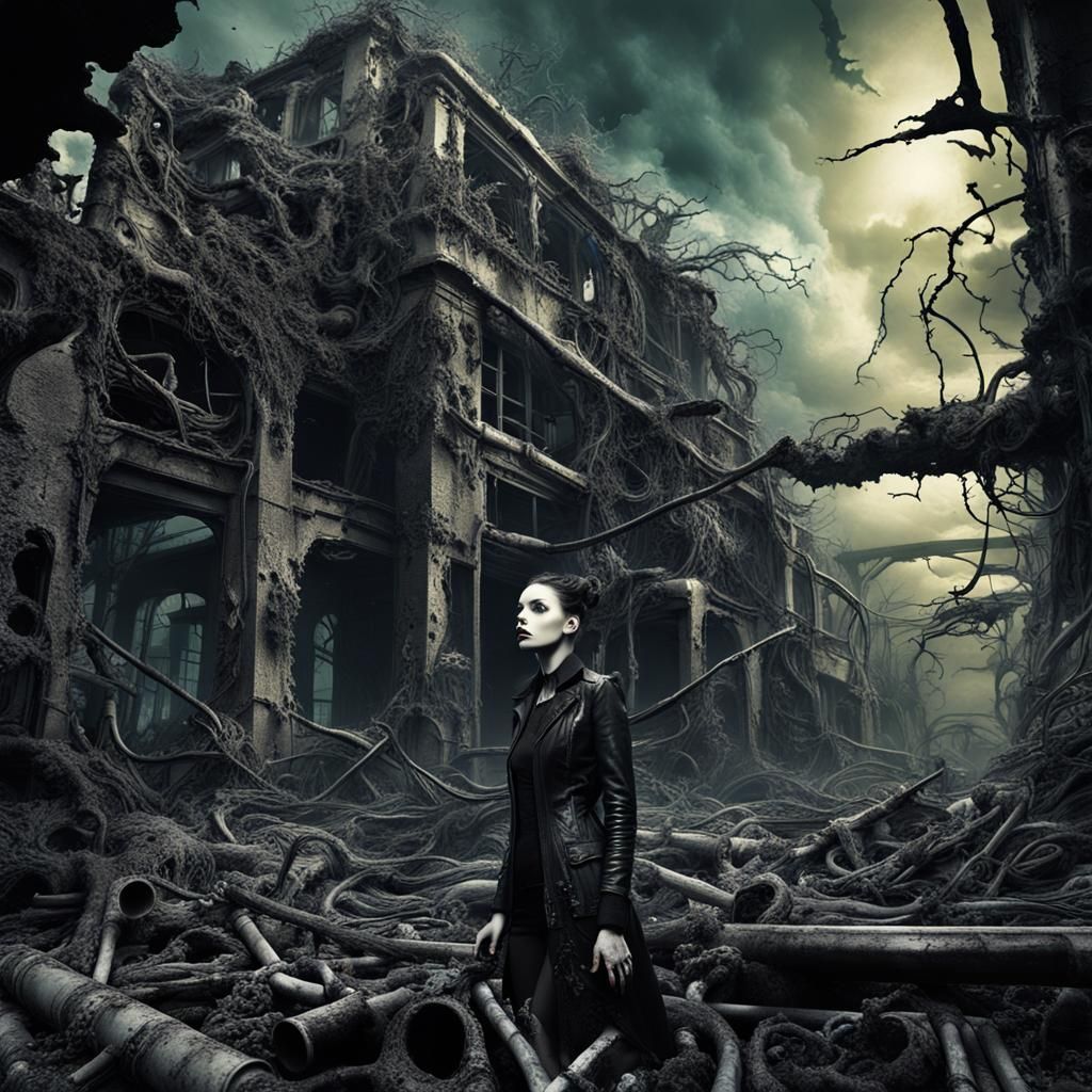 Goth Model in Decayed, Surreal Landscape