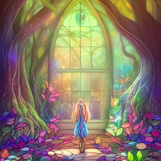 Enchanted Fairy Tree with Stained Glass, Fantasy Art