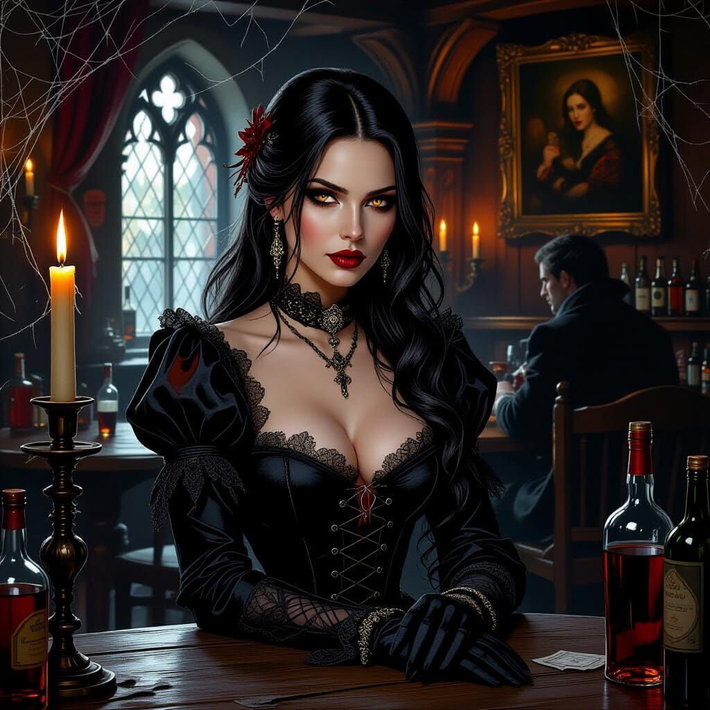 Gothic Vampire in Candlelit Tavern, Oil Painting Style