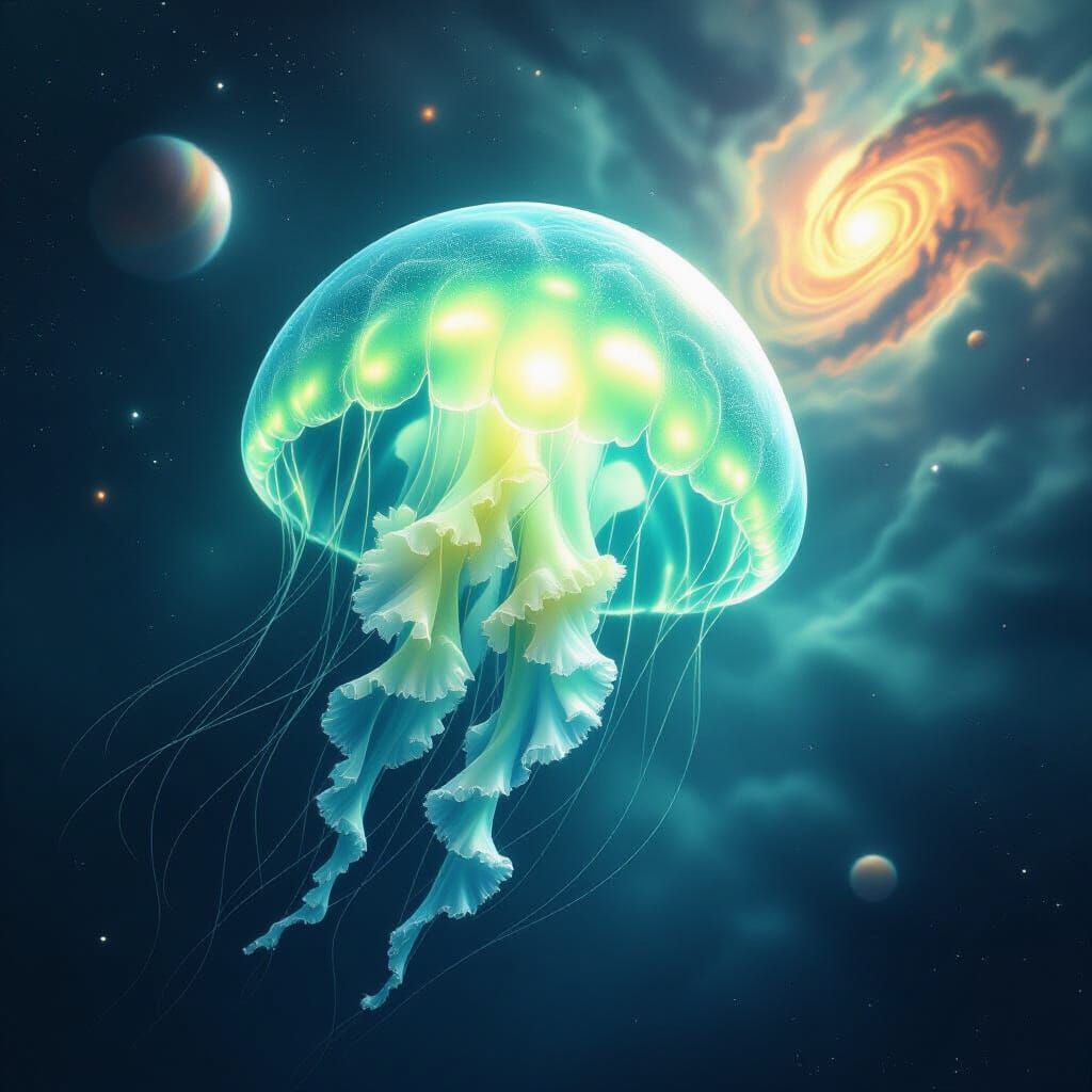Glowing Space Jellyfish Amidst Cosmic Wonders