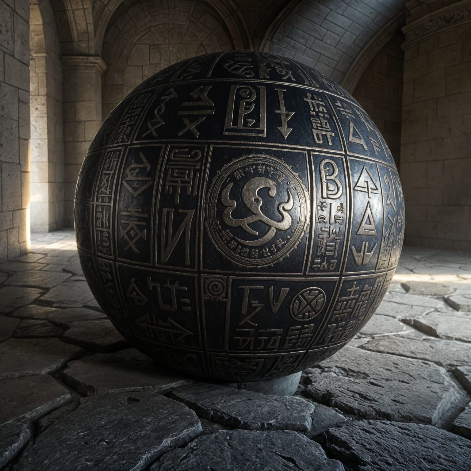 Intricately Engraved Metal Sphere in Hyperrealistic Style