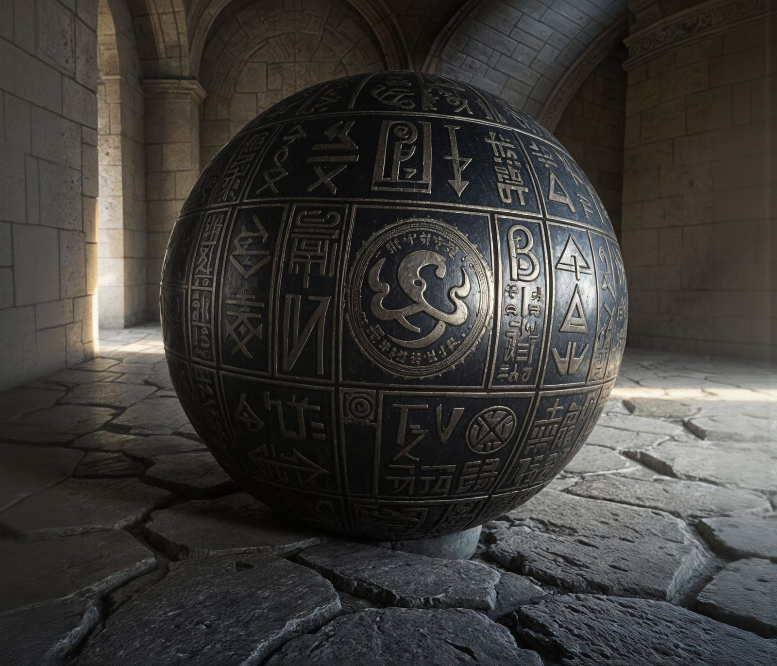 Engraved Metal Sphere on Stone Floor: Hyperrealistic Close-U...