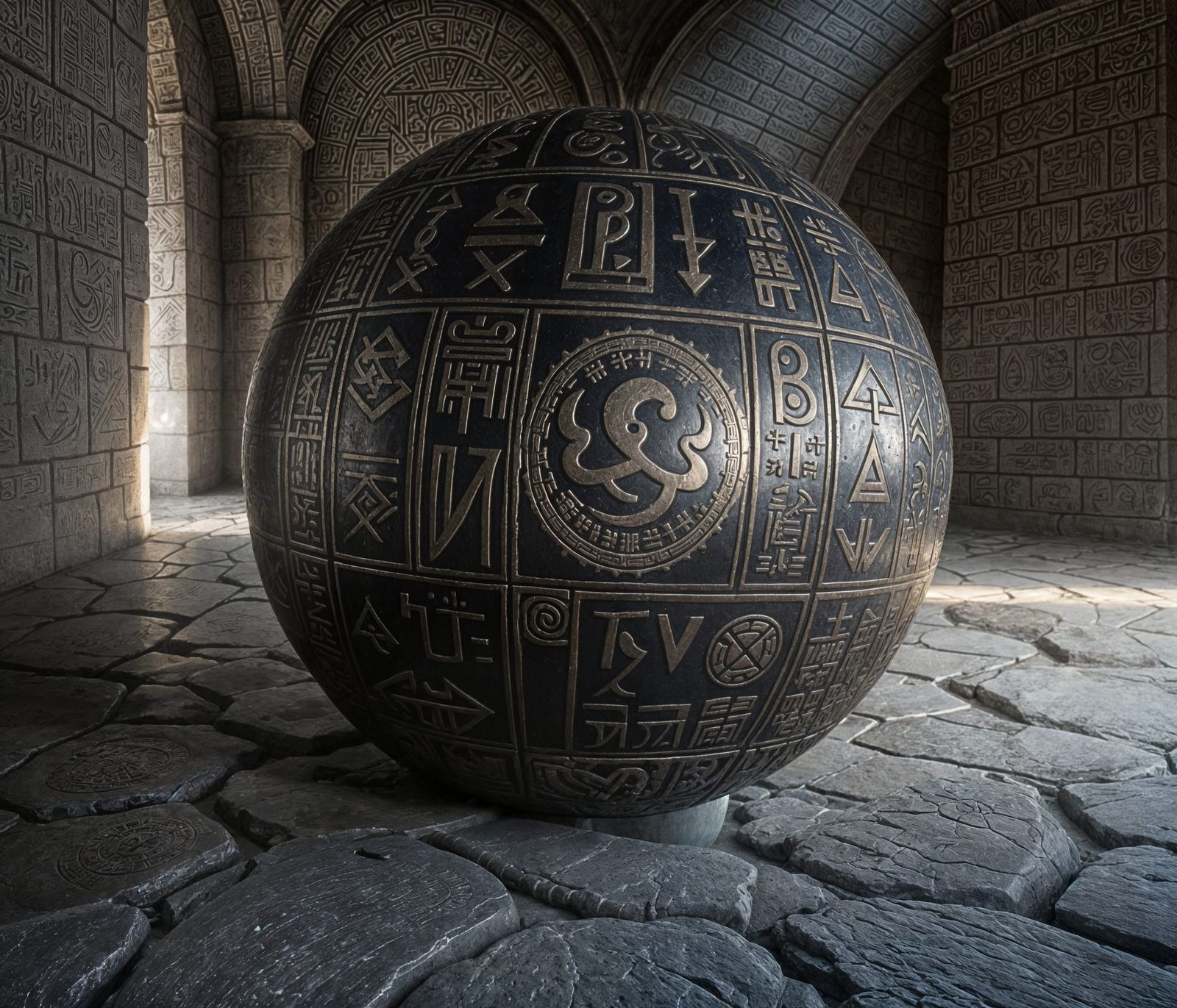 Hyperrealistic Engraved Metal Sphere on Stone Floor