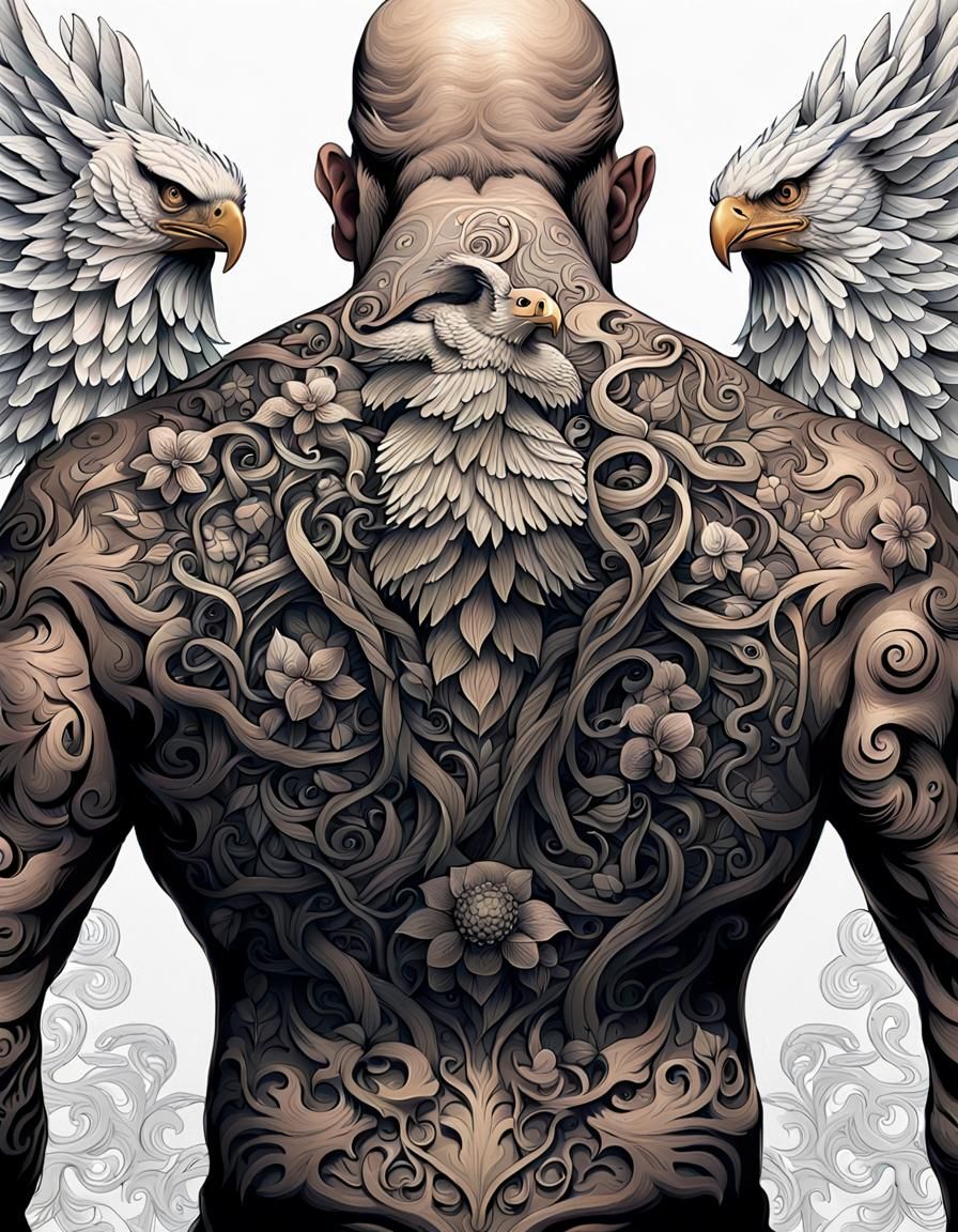 Tattooed Biker Back Macro in Gothic Horror Style