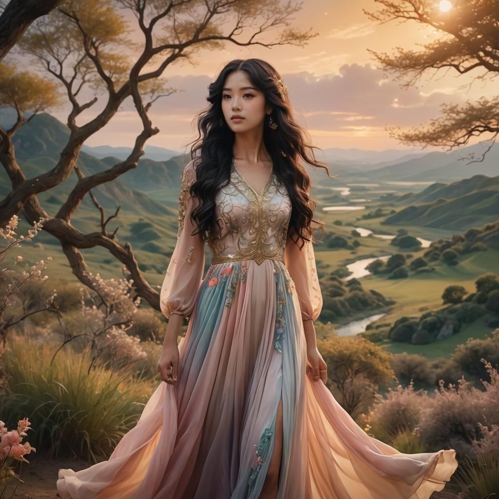 Petite Asian Girl with Wavy Hair in Detailed Matte Painting
