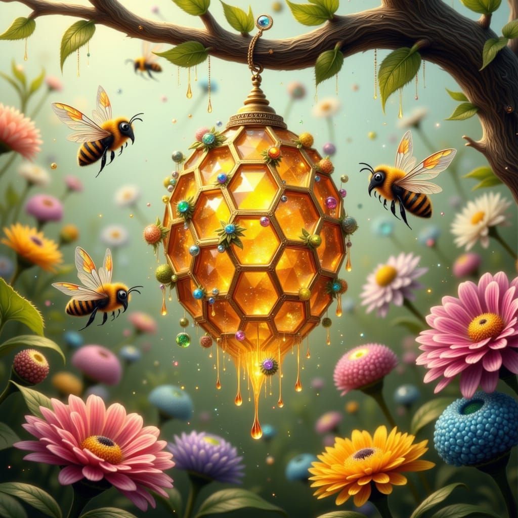 Whimsical Crystal Beehive in Vibrant Floral Wonderland