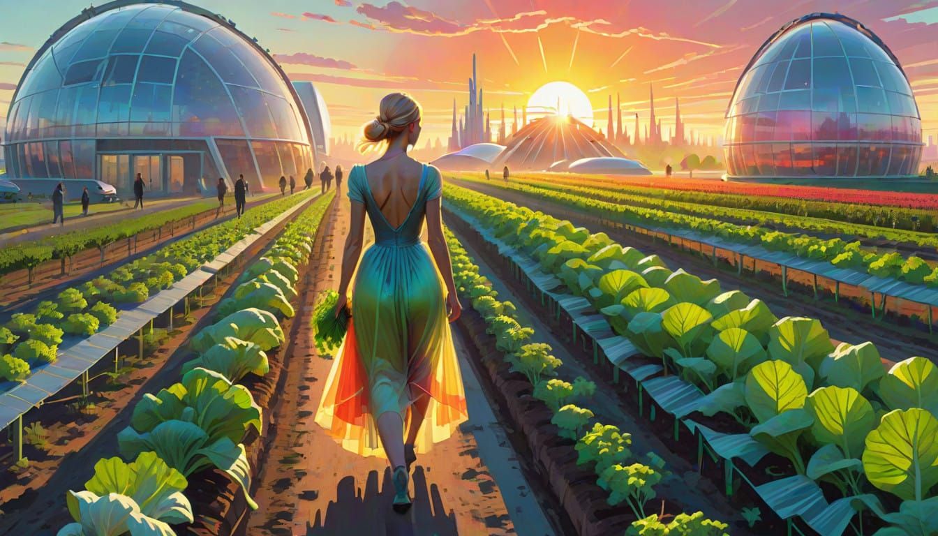 Woman Walking Amidst Futuristic Vegetables in Solarpunk Sett...