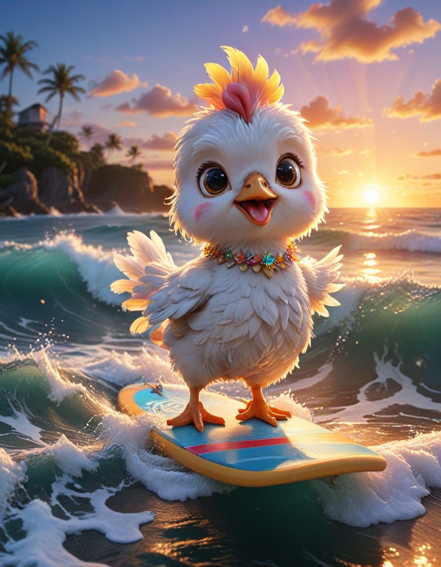 Kawaii Chicken Surfing at Sunset: Adorable Digital Art