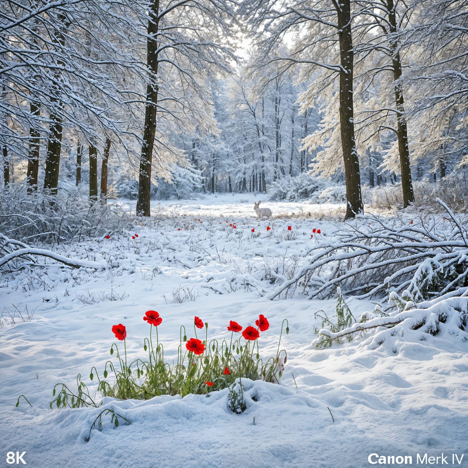 Hyperrealistic Snow Scene With Poppies and Hare