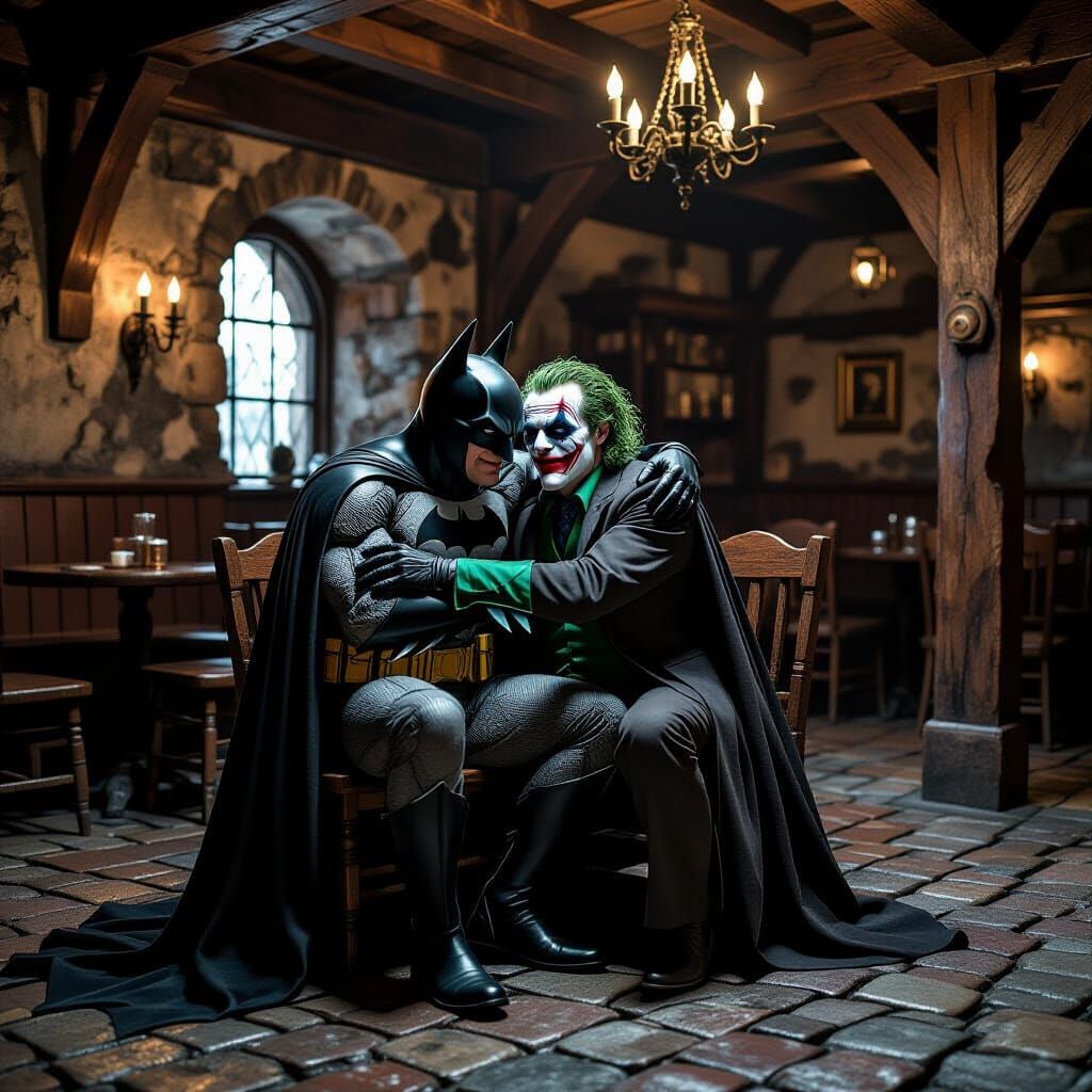 Batman & Joker Hugging in Medieval Pub, Comiserating
