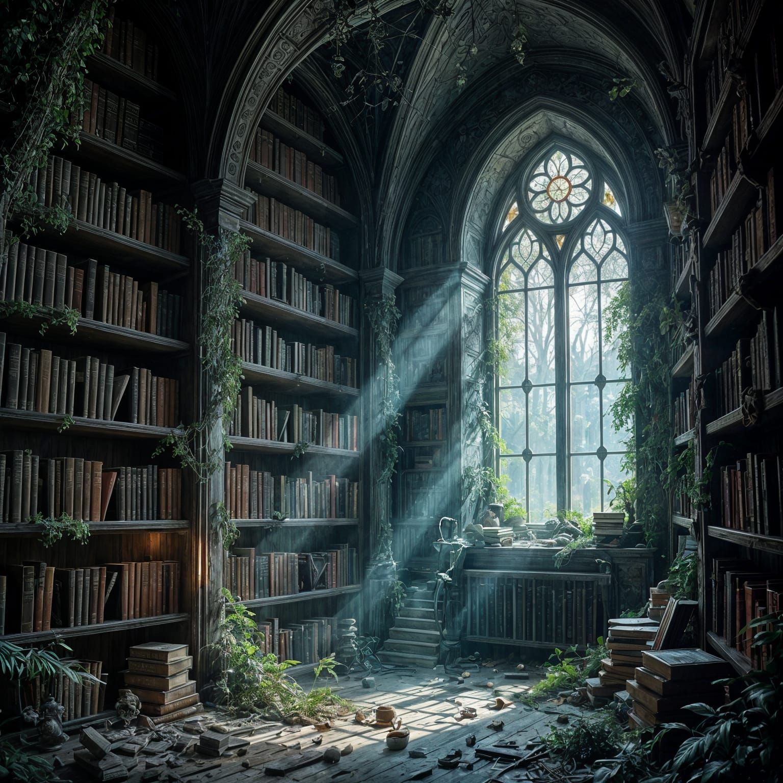 Enchanted Wooden Library with Ethereal Fungi