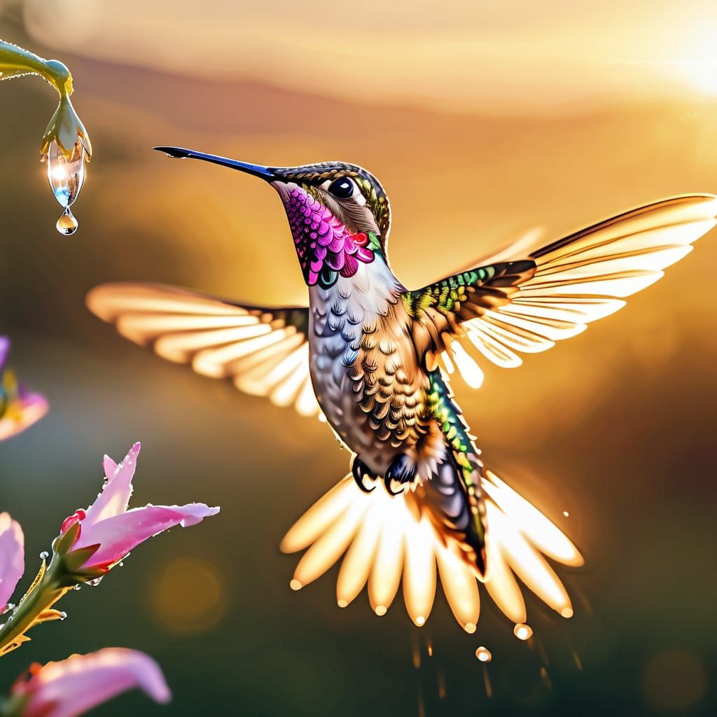 Hummingbird and Dewdrop Reflecting Romantic Landscape