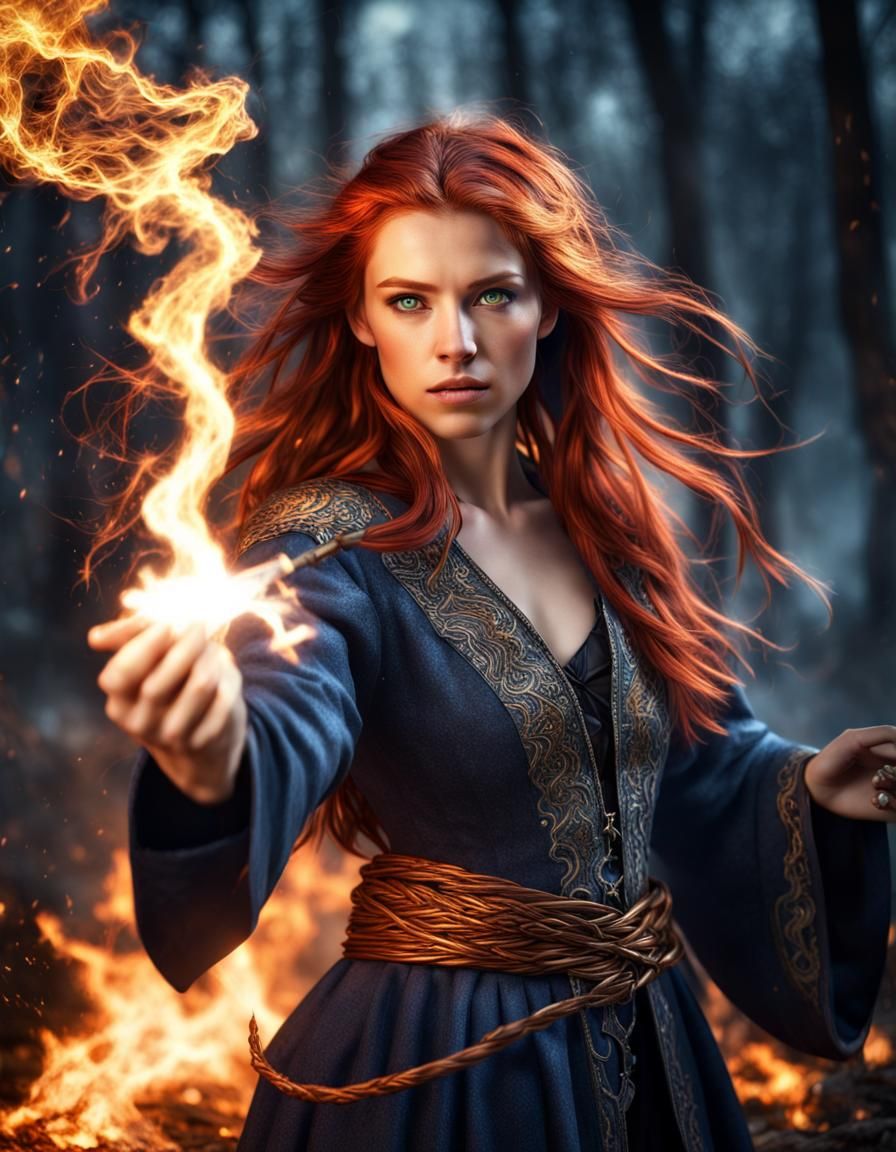 Auburn Haired Wizard Casting Spell: Hyperrealistic Digital A...