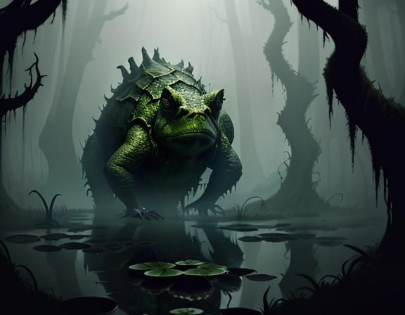 Menacing Bullywug in Misty Swamp: Dark Fantasy Art
