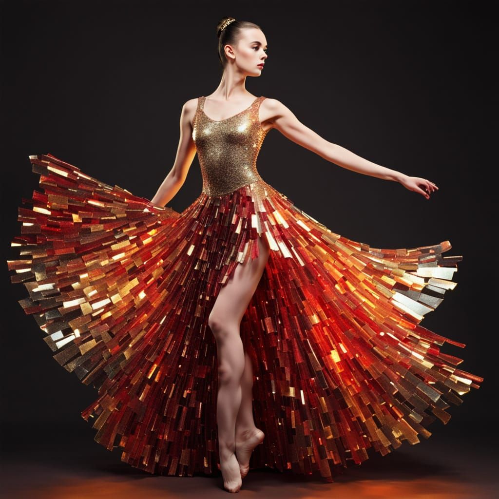 A ballerina wearing flowing too long gown crafted from iride...