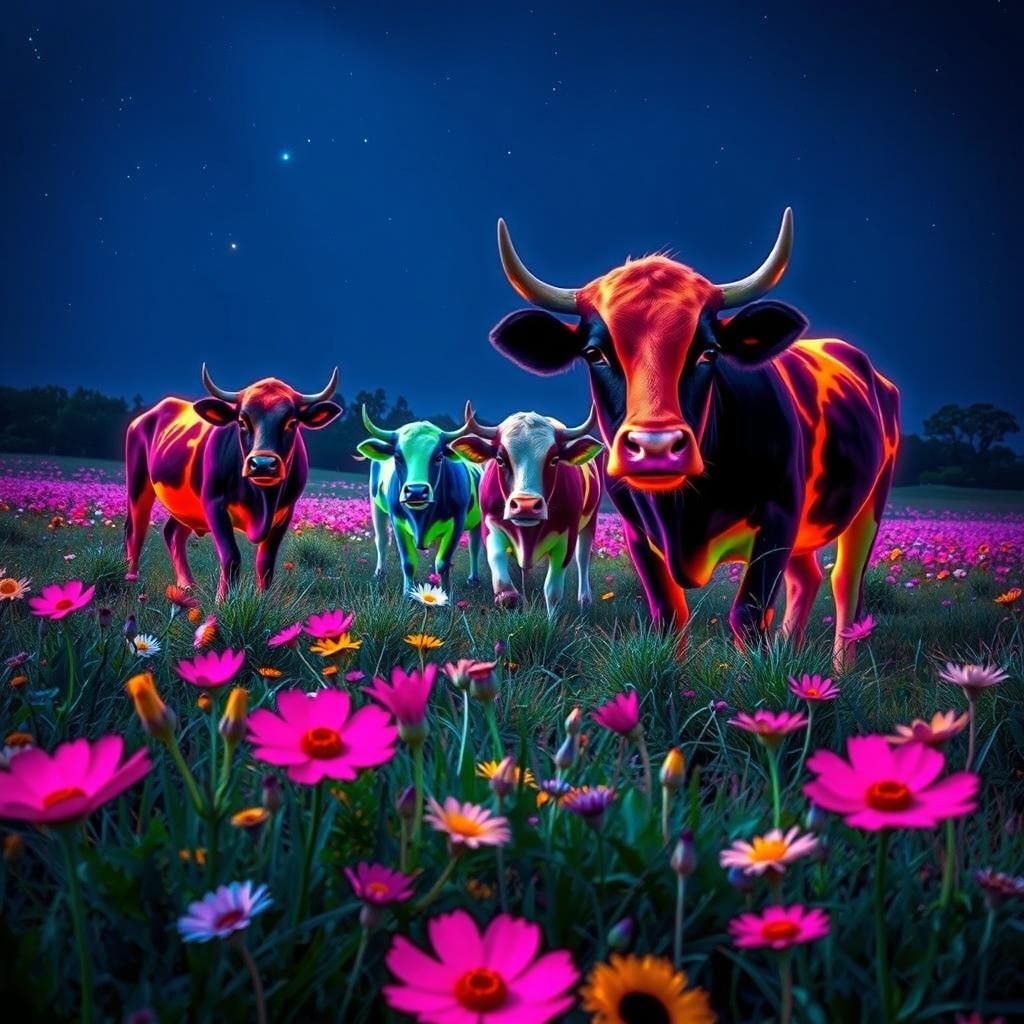 Neon Meadow with Fluorescent Cows and Stars