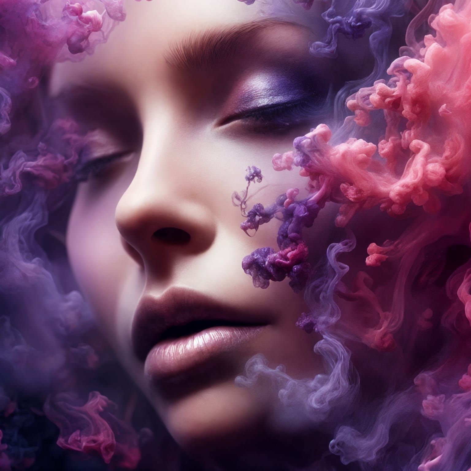 Woman's Lips Exhaling Pink and Purple Smoke