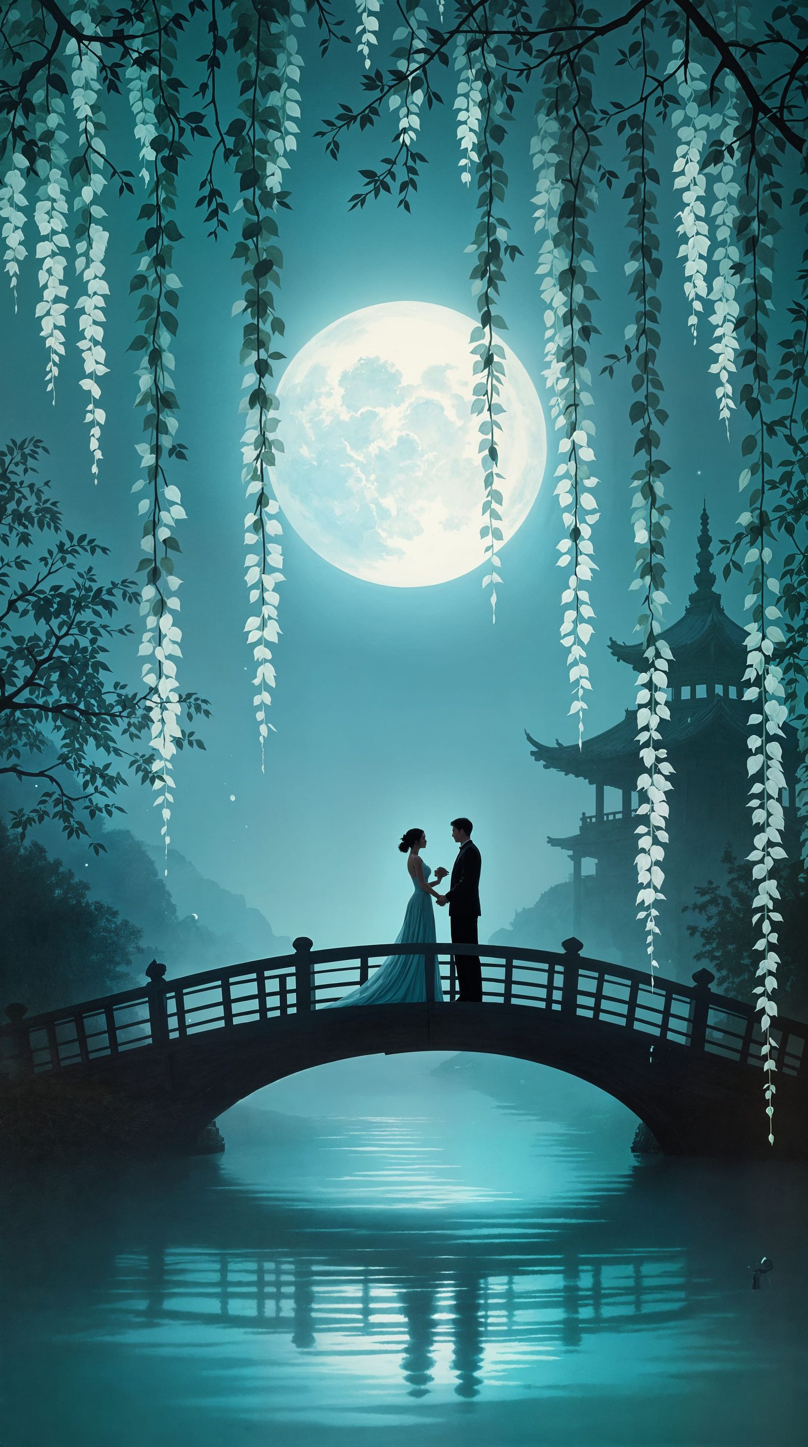 Serene Nighttime Bridge Scene in Impressionist Style