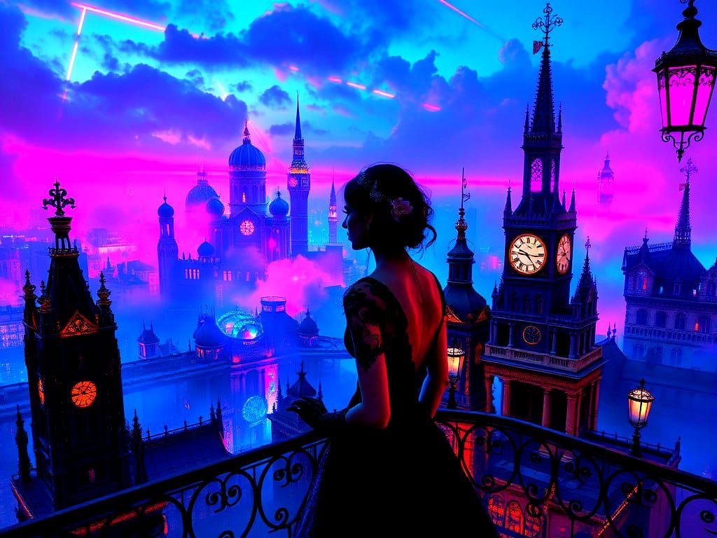 Gothic Woman Overlooks Steampunk City in Neon Lights