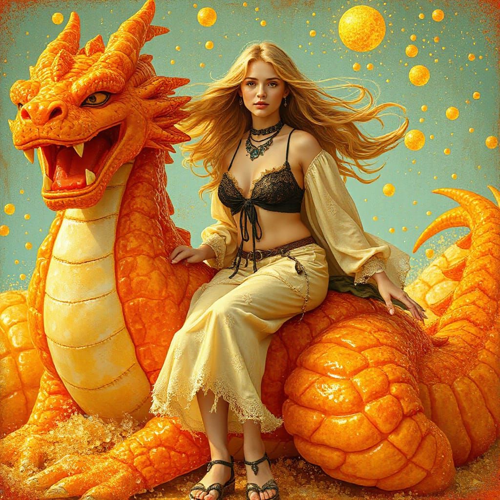 Woman on Gummy Dragon in Effervescent Soda Sea