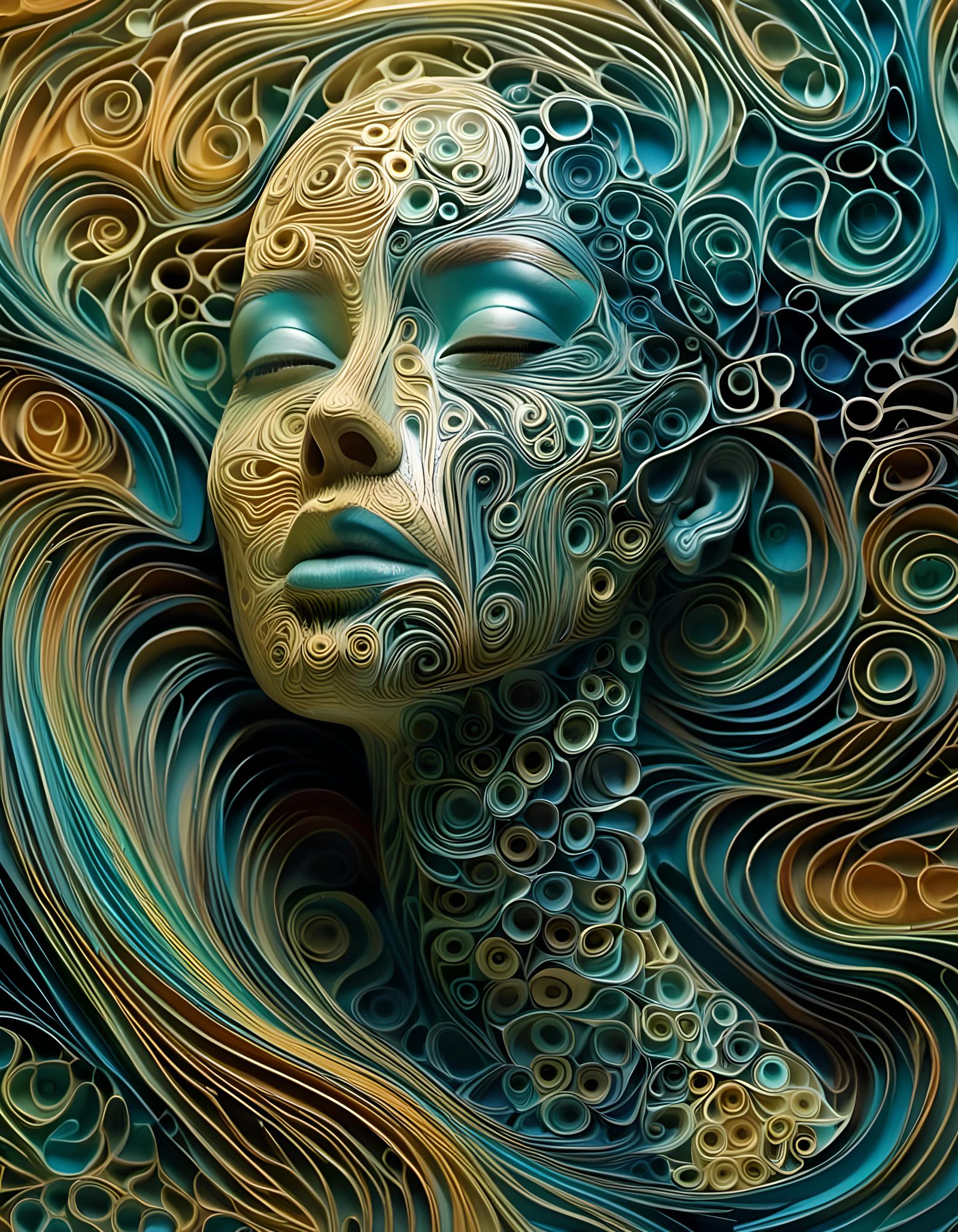 Linocut Face Sculpture with Abstract Fractal Elements