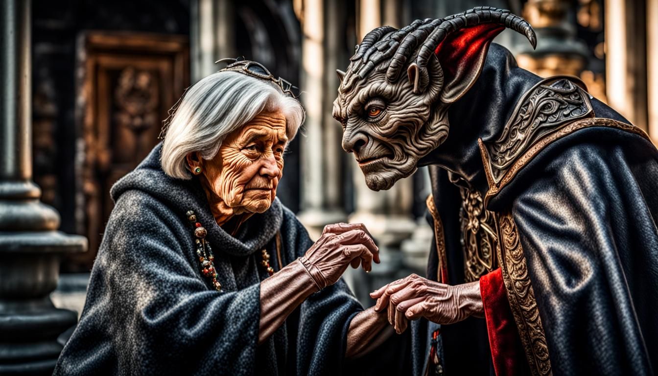 Cloaked Woman Petting Imp in Atmospheric Style