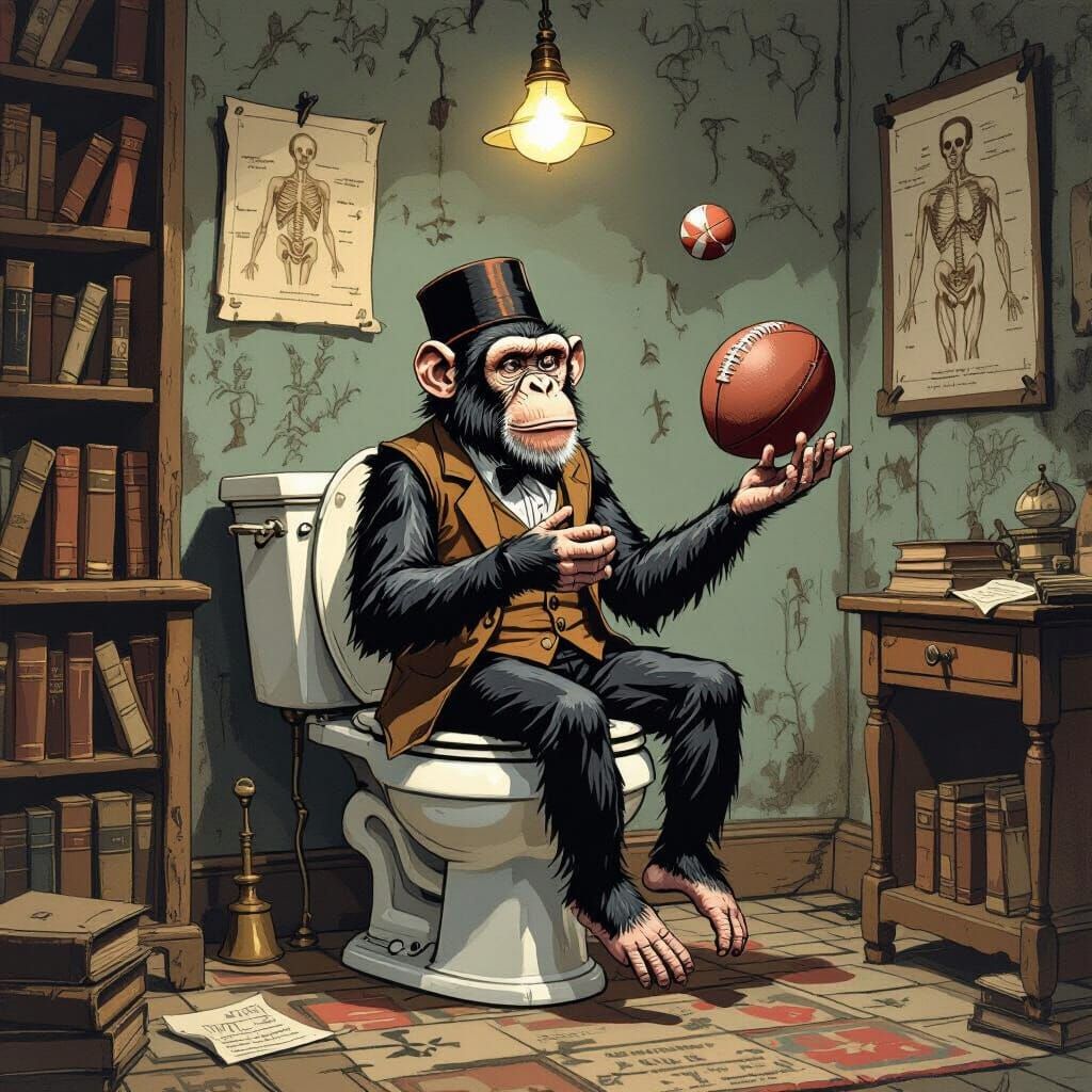 Monkey Juggles Football on Toilet in Whimsical Study
