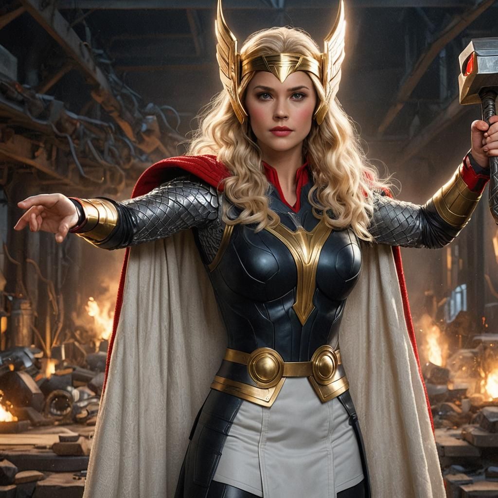 23 year old female dressed in Thor uniform, long 1960’s blonde hair, mjolnir in right hand, black eyeshadow, red lipstic...