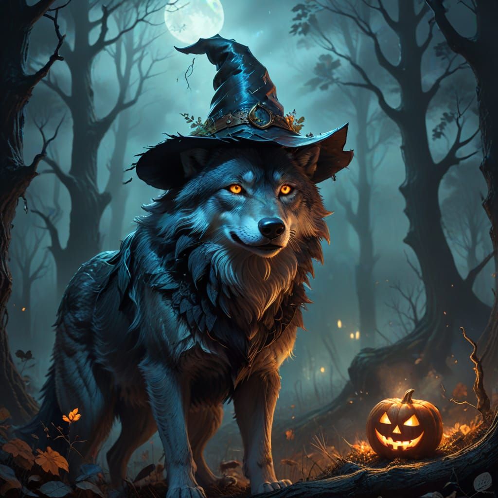 Mystic Wolf in Witch Hat Amidst Misty Halloween Forest