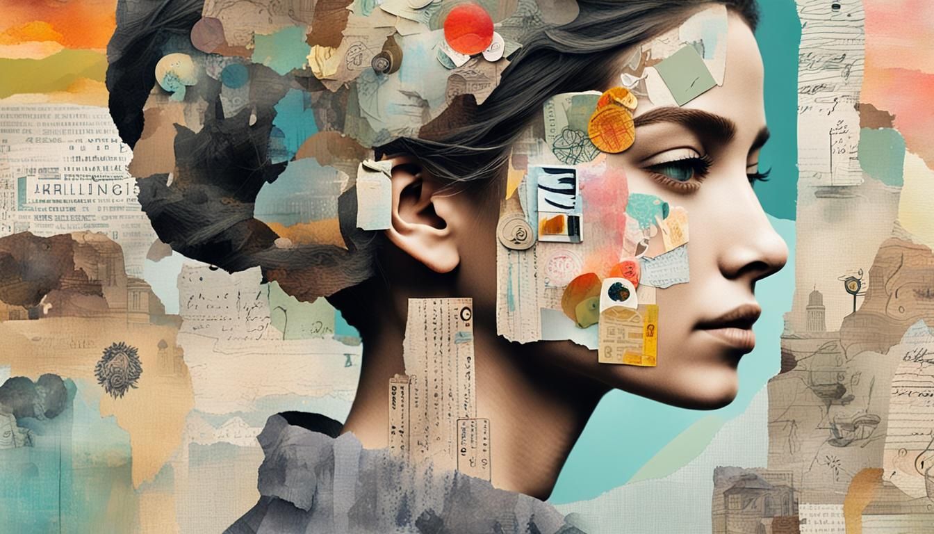 Mixed Media Collage Portrait with Serene Landscape