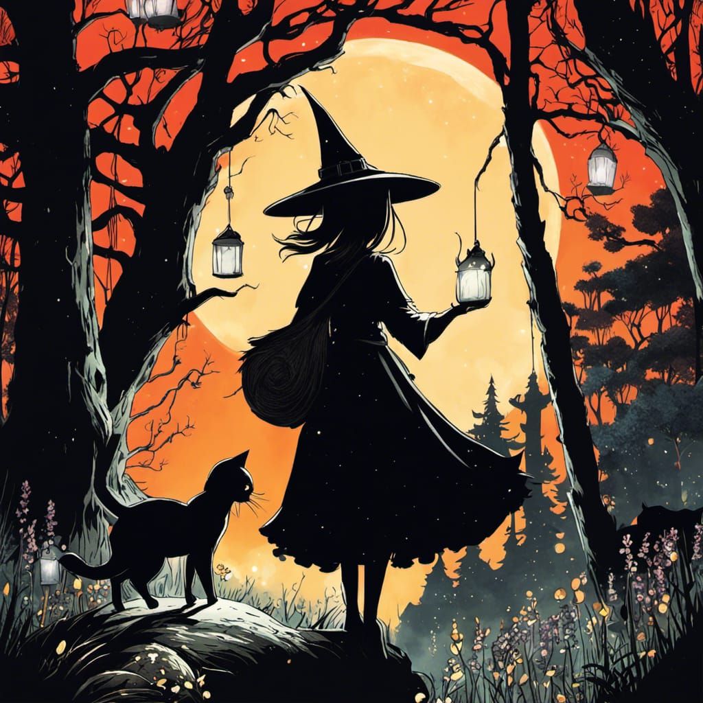 Cute Witch and Cat Under Magical Tree