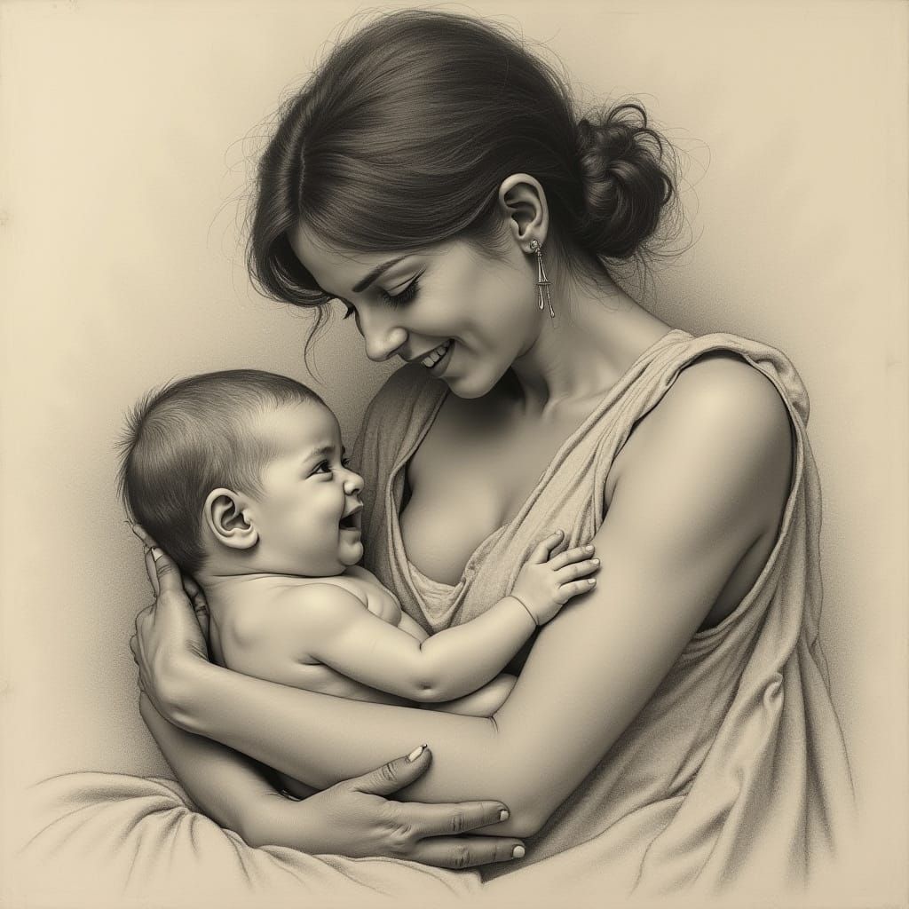 Mother's Tender Love Captured in a Timeless Charcoal Masterp...