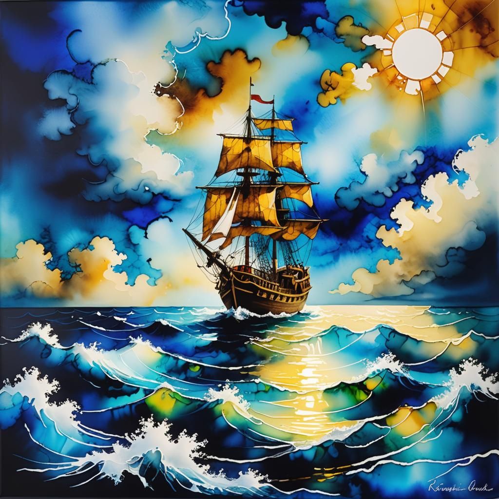Nostalgic Alcohol Ink Boat Painting in Deep Blue