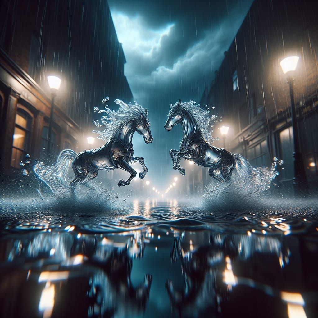 Water Horses Galloping in Rainy City Puddle