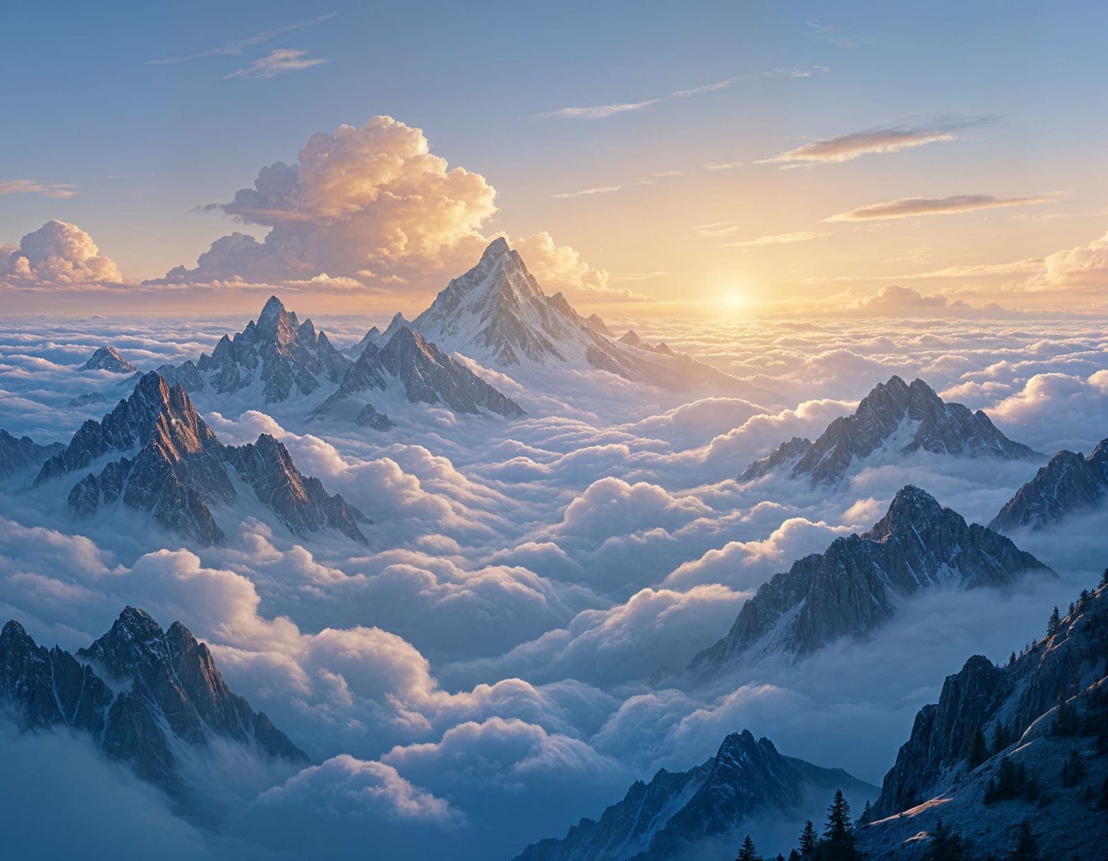 Serene Mountaintop Vista with Clouds at Sunset