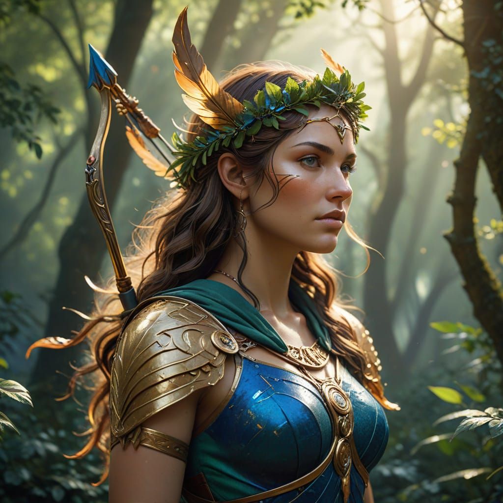 Ancient Greek Archer Goddess Artemis in Warm Golden Light
