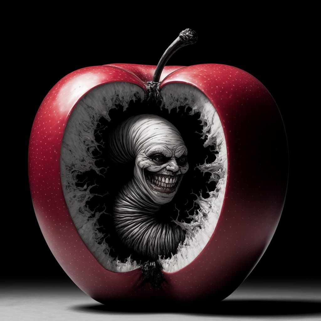 Grotesque Apple Core Horror in Cyberpunk Black and White