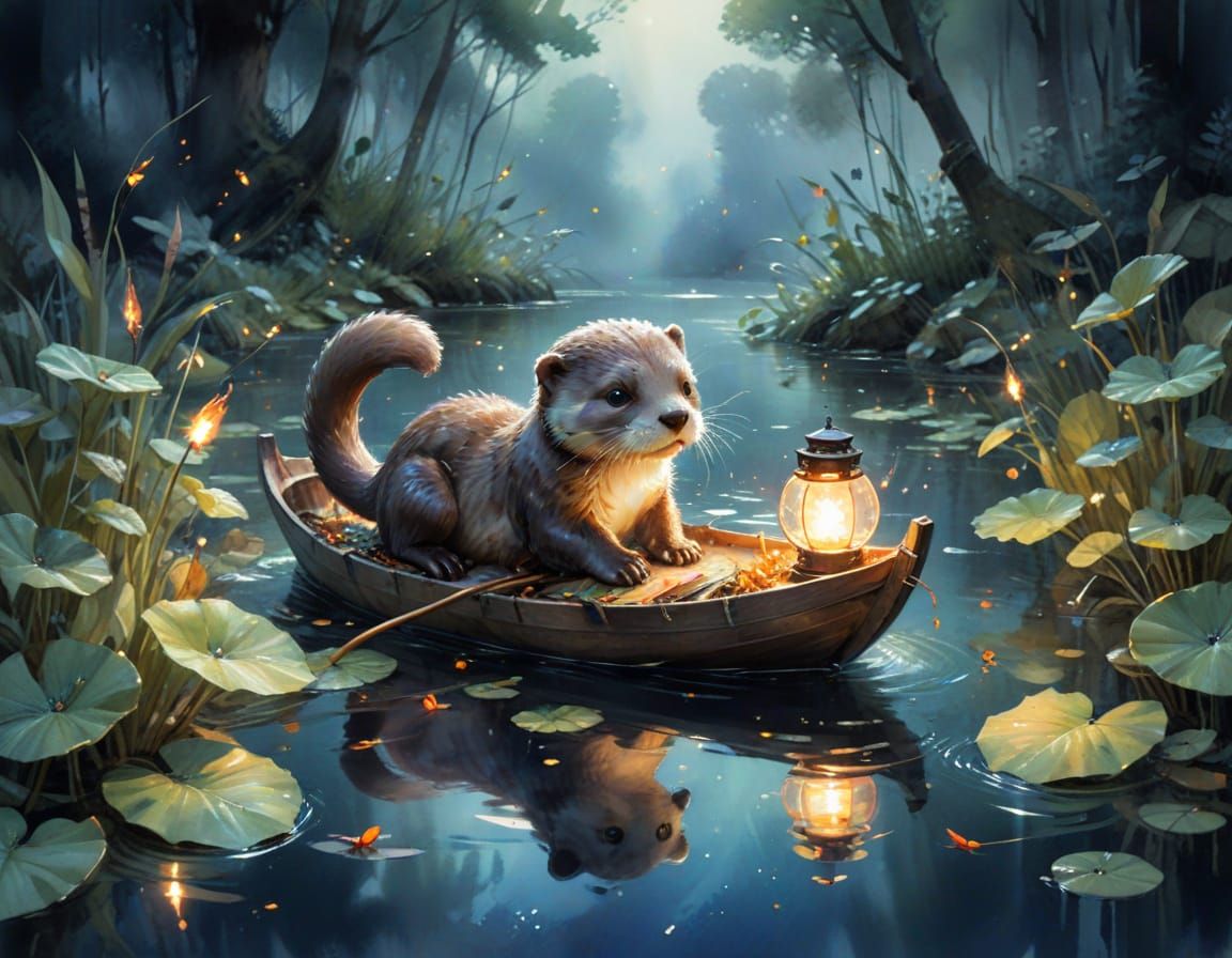 Otter Cub's Starlit River Journey: Watercolour Art