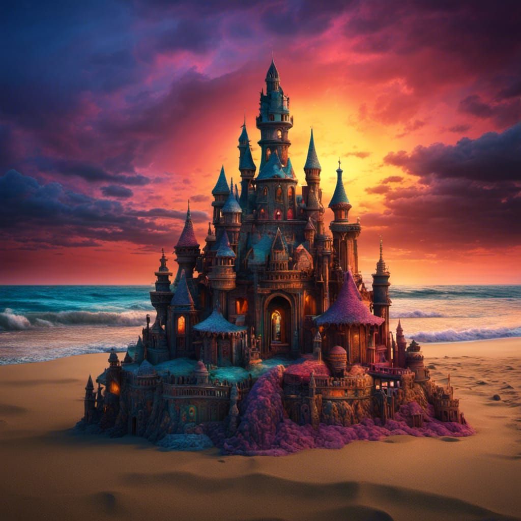 High Gothic Sandcastle at Sunset in Graffiti Art Style