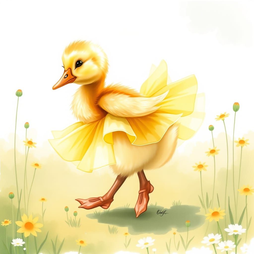 Duckling Ballerina in Sunny Meadow, Watercolor Art