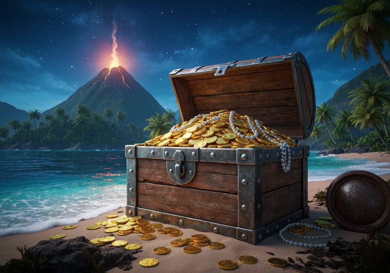Treasure Chest on Tropical Island Under Starry Sky