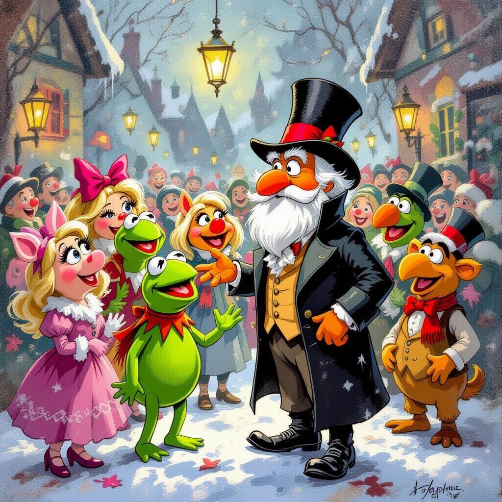 Ebenezer Scrooge Meets The Muppets in Gouache Painting