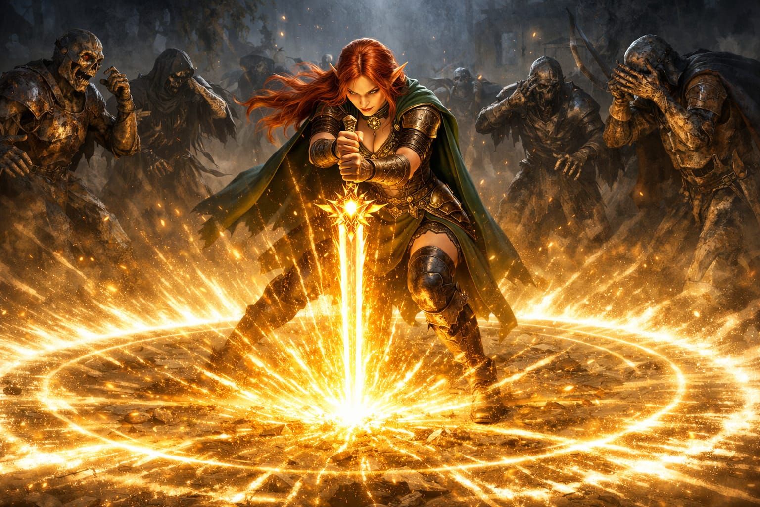 Elf Warrior Unleashes Sunlight Sword Against Undead